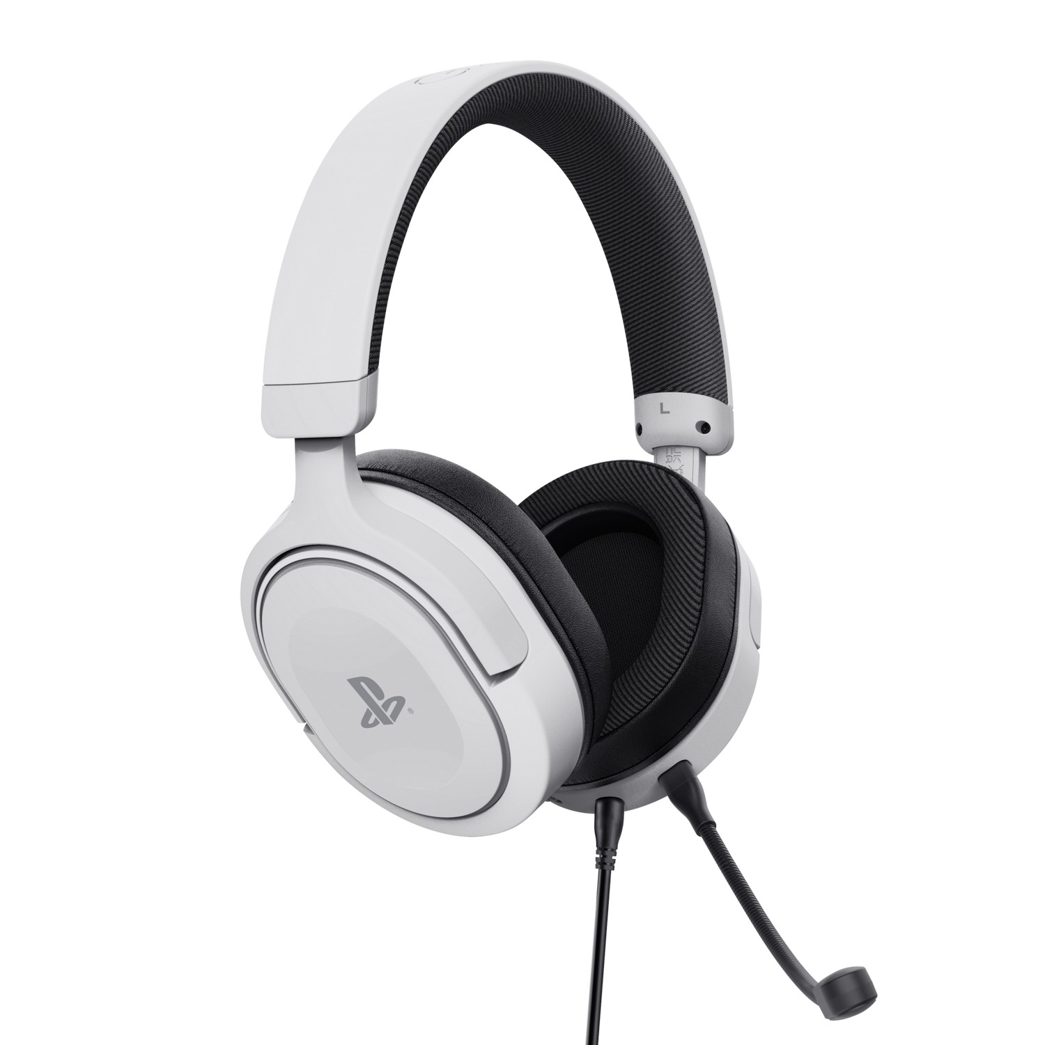 White and black gaming headphones with a microphone. The PlayStation logo is visible on the headset.