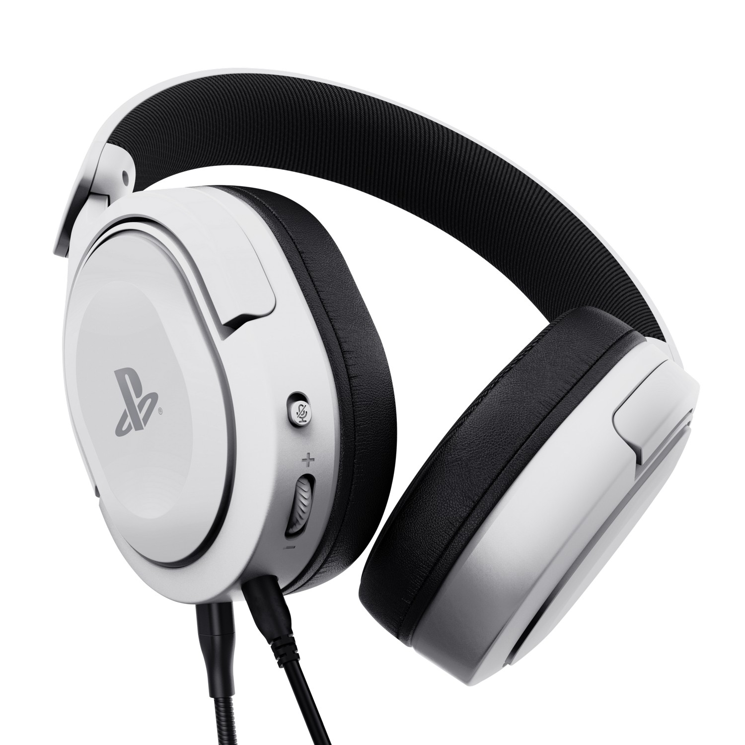 White PlayStation gaming headset with black accents and a microphone, on a white background.