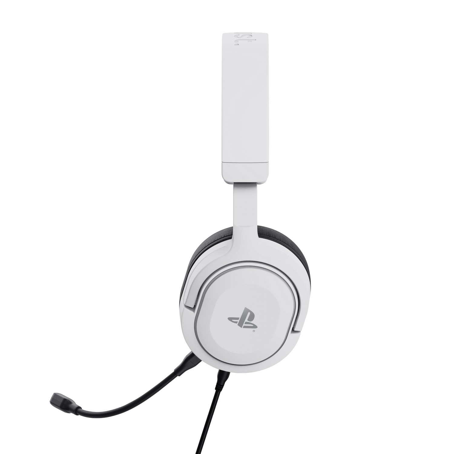 White headphones with a microphone. The headphones have the Playstation logo.