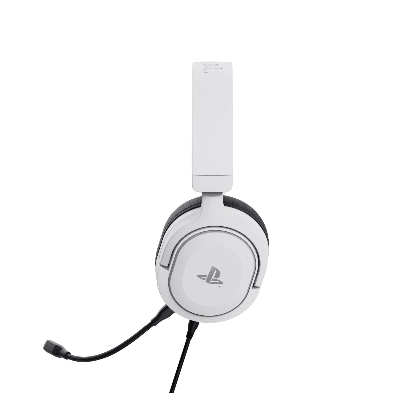 A white PlayStation gaming headset with a microphone, against a white background.