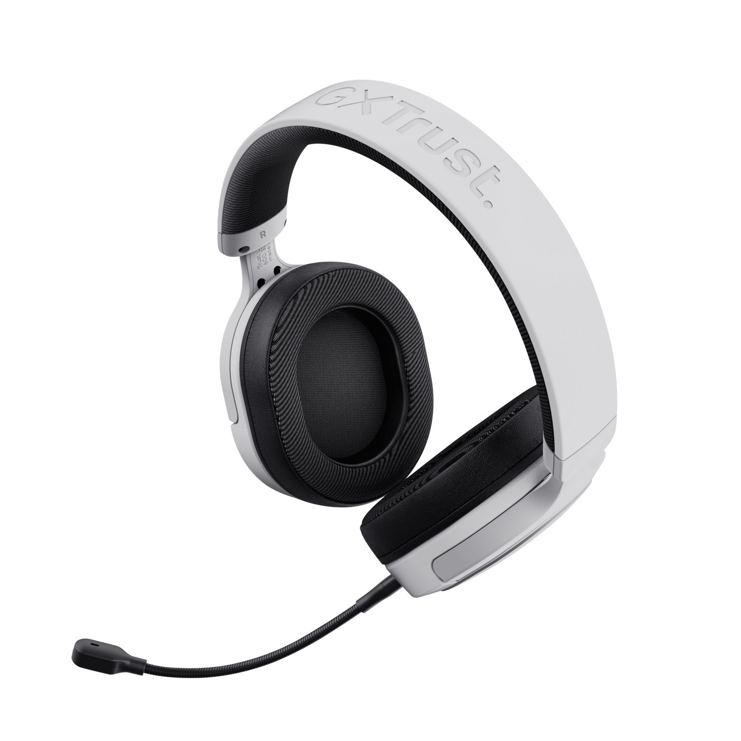 White gaming headset. Black earcups, microphone attached. 
