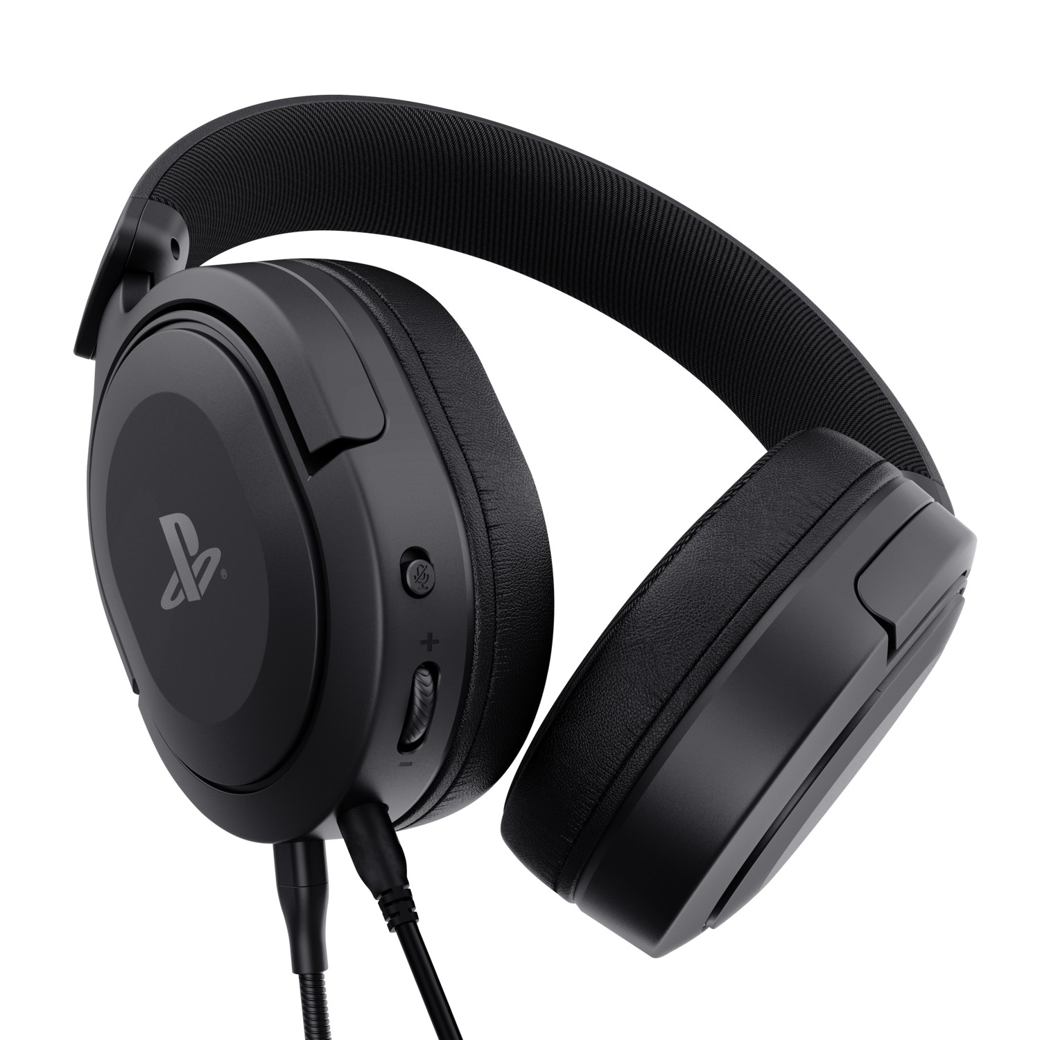 Black gaming headset with a microphone and a volume controller.