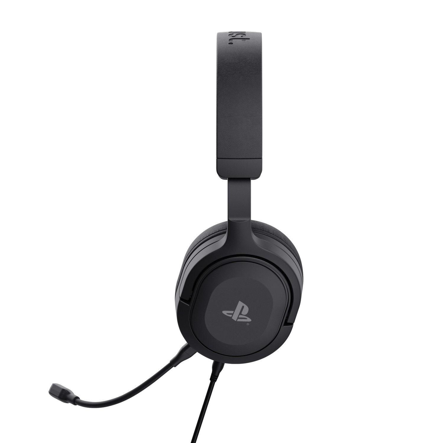 Black gaming headset with a microphone, with the PlayStation logo.