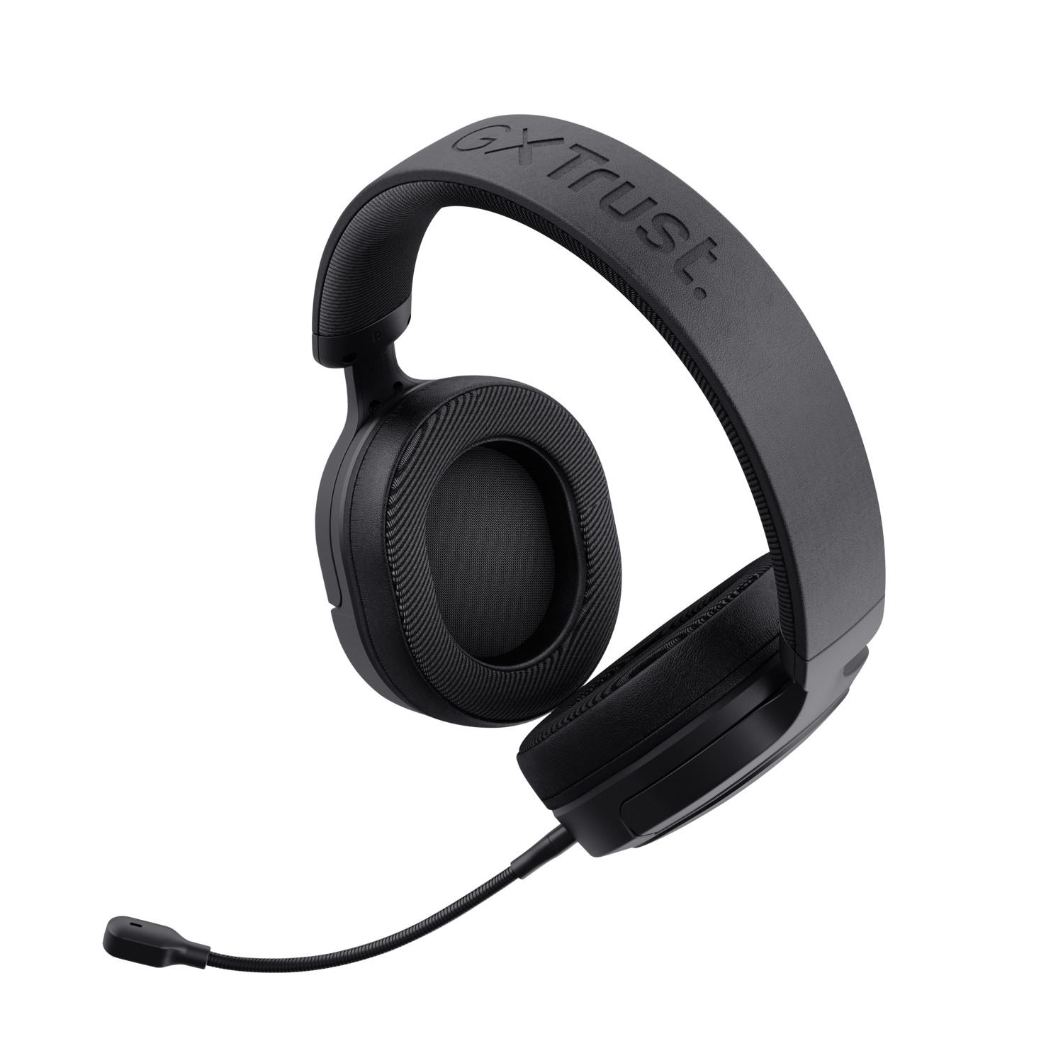 Black gaming headset, with microphone, on a white background.