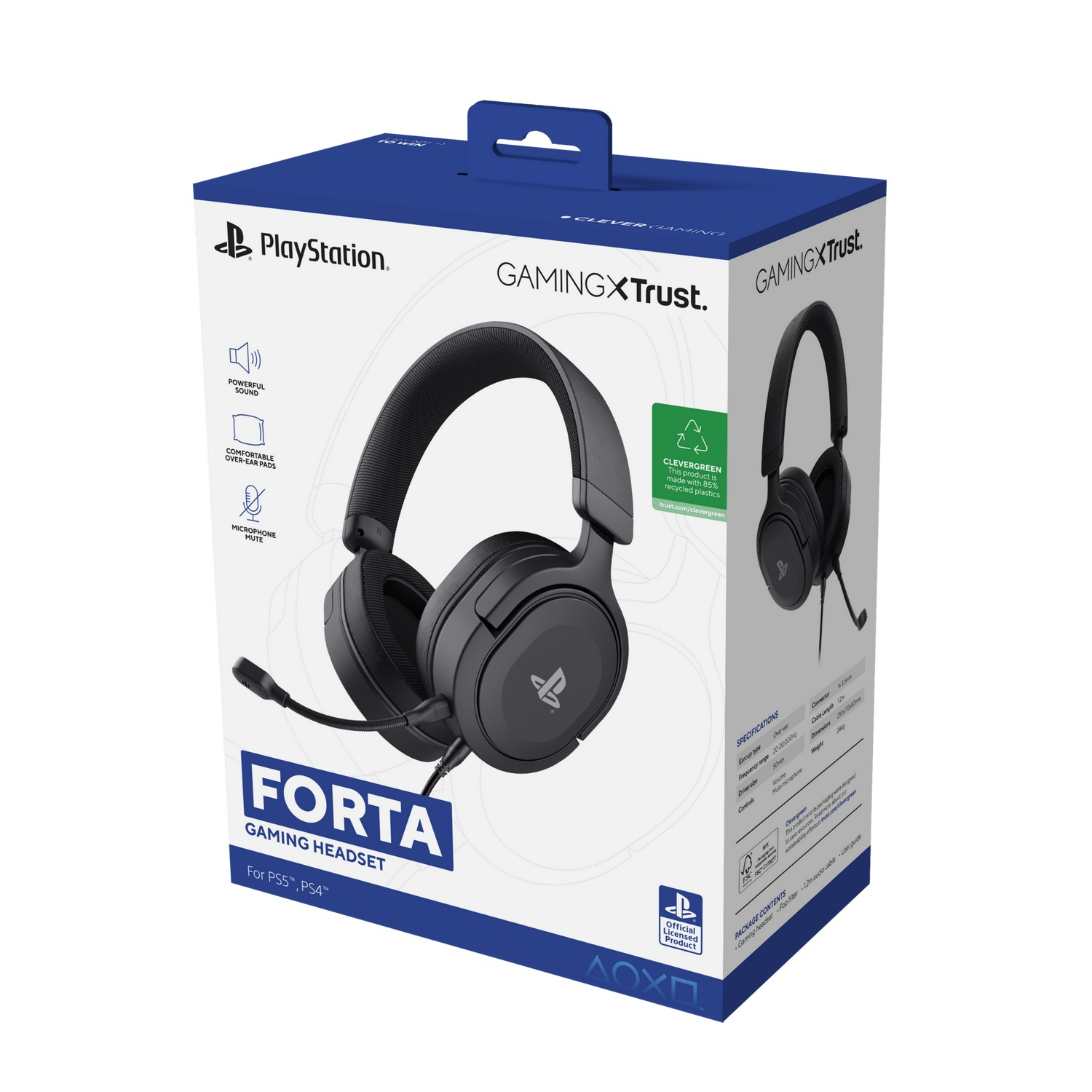 PlayStation Forta gaming headset box with headset image and specifications.