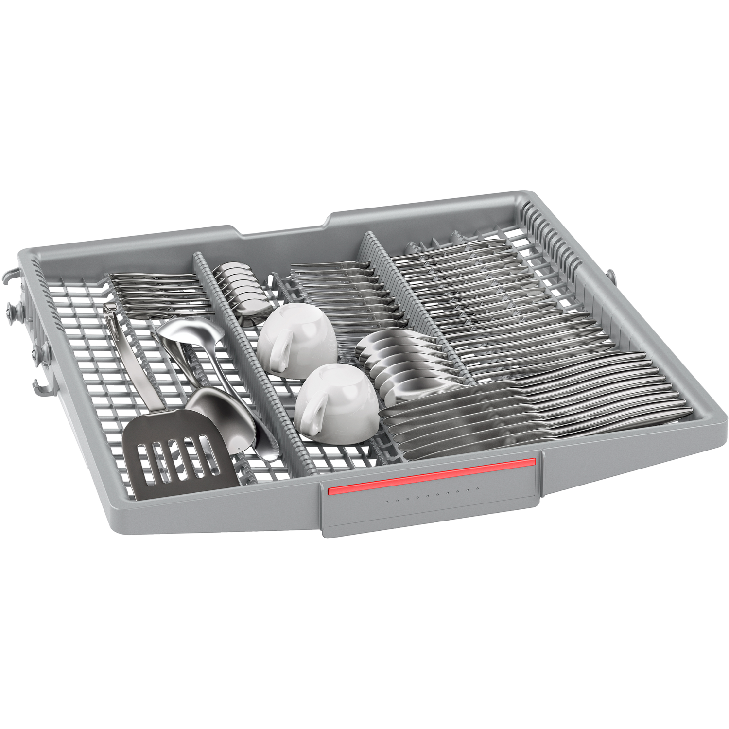 Vaatwassertray met vaatwerk. Bestek, kommen en keukengerei zijn georganiseerd. Grijze tray.
