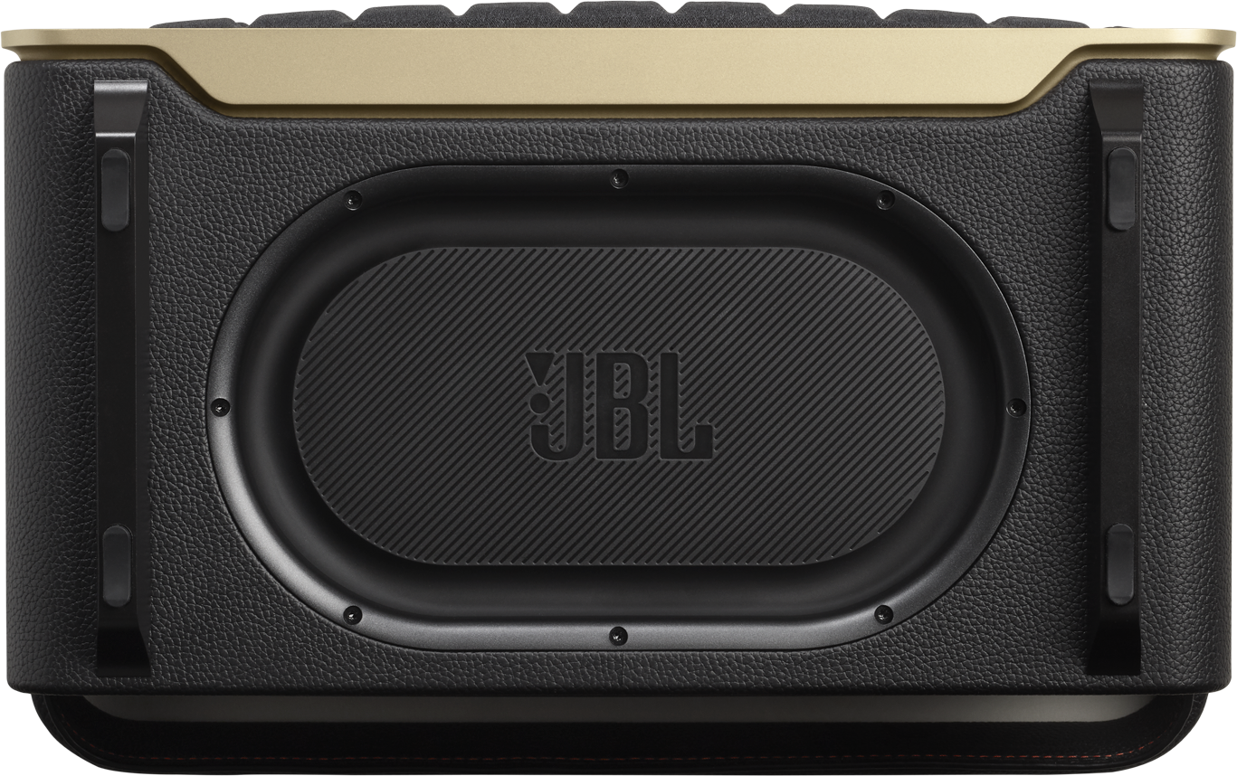 Schwarzer und goldener JBL-Lautsprecher. Er hat eine strukturierte Vorderseite mit dem JBL-Logo. Schwarze Griffe an den Seiten.