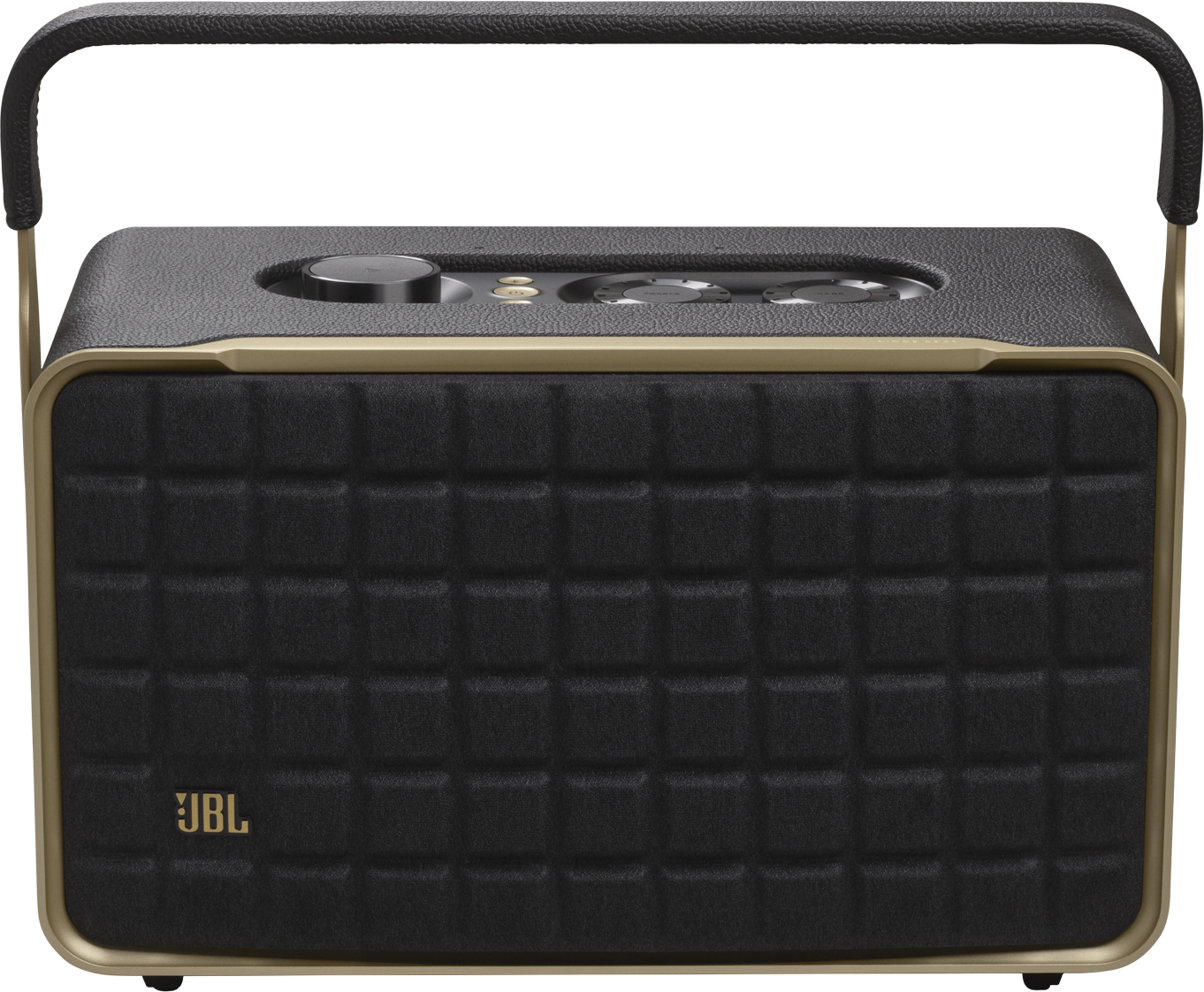 Schwarz-goldener JBL-Lautsprecher mit Tragegriff und gesteppter Frontplatte.