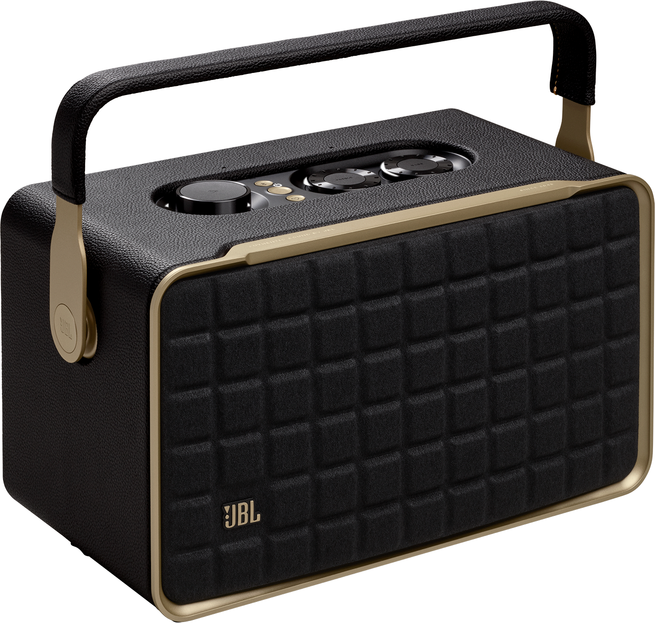 Ein schwarzer JBL-Lautsprecher mit Griff und goldenen Akzenten.