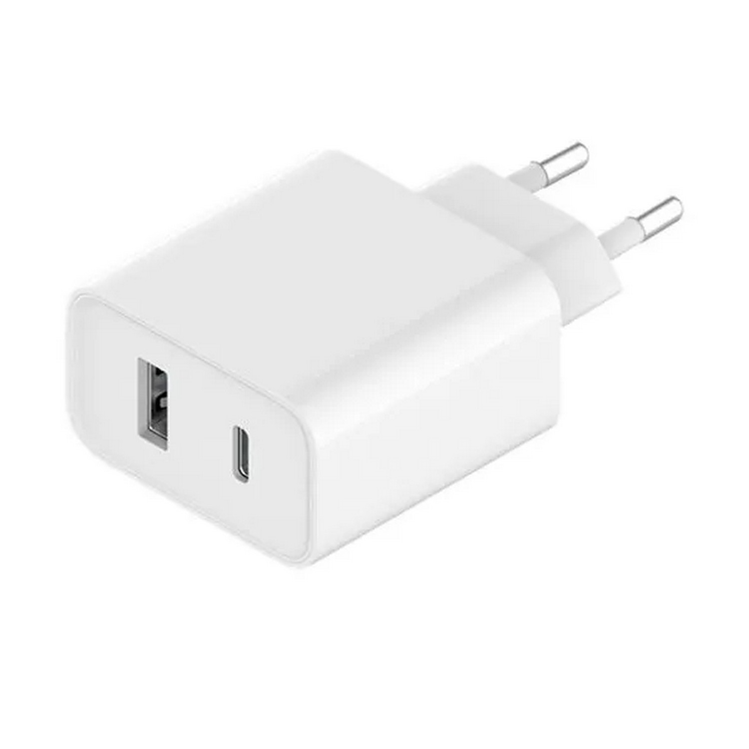 Witte oplader met een USB-A- en USB-C-poort, met twee pinnen voor stroom.