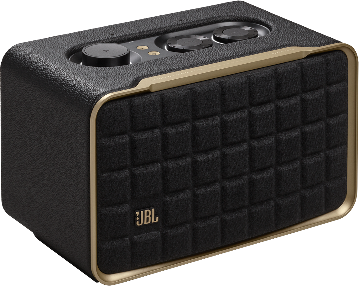 Haut-parleur JBL noir et doré avec un design carré et une façade en tissu.