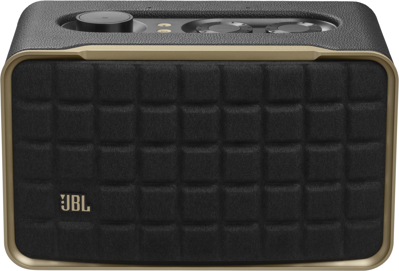 Une enceinte JBL noire avec le dessus et le dessous dorés. Elle est sur fond blanc.