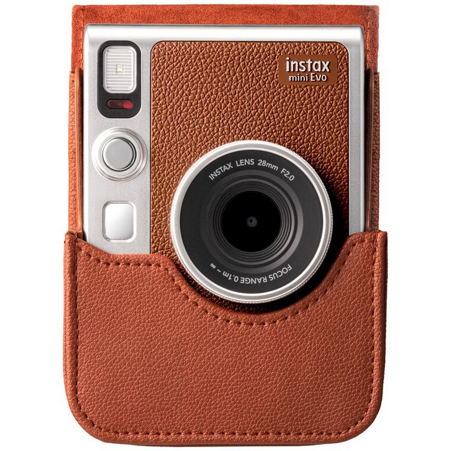 Brown leather case holding a silver and brown Instax Mini Evo camera, with a black lens and a front flash.
