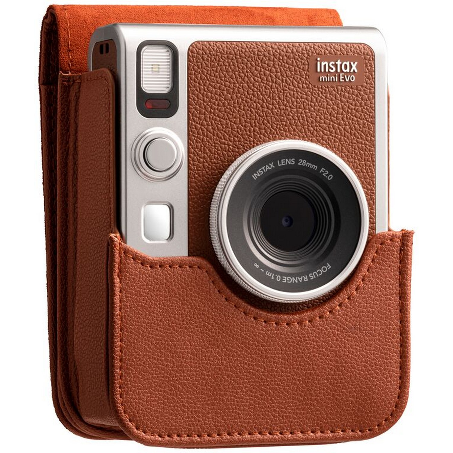 A brown leather Instax Mini Evo camera in a brown leather case.
