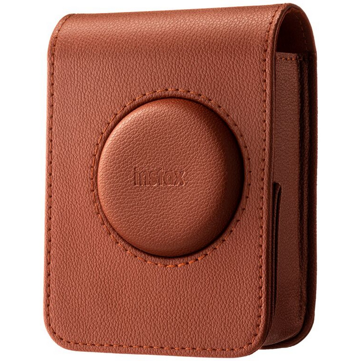 Brown camera case with the word "instax" on it.