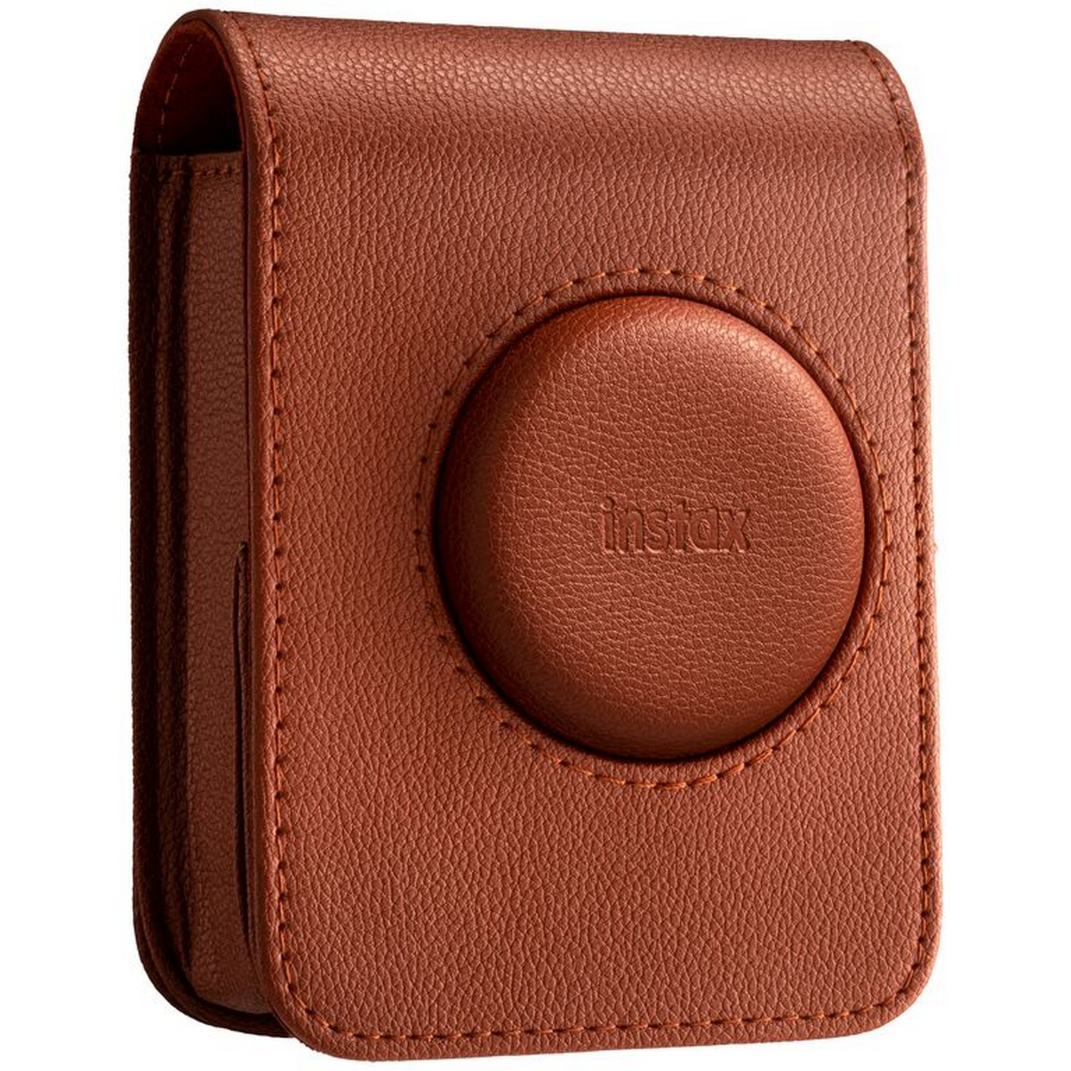 A brown Instax camera case with a circular camera lens cover.