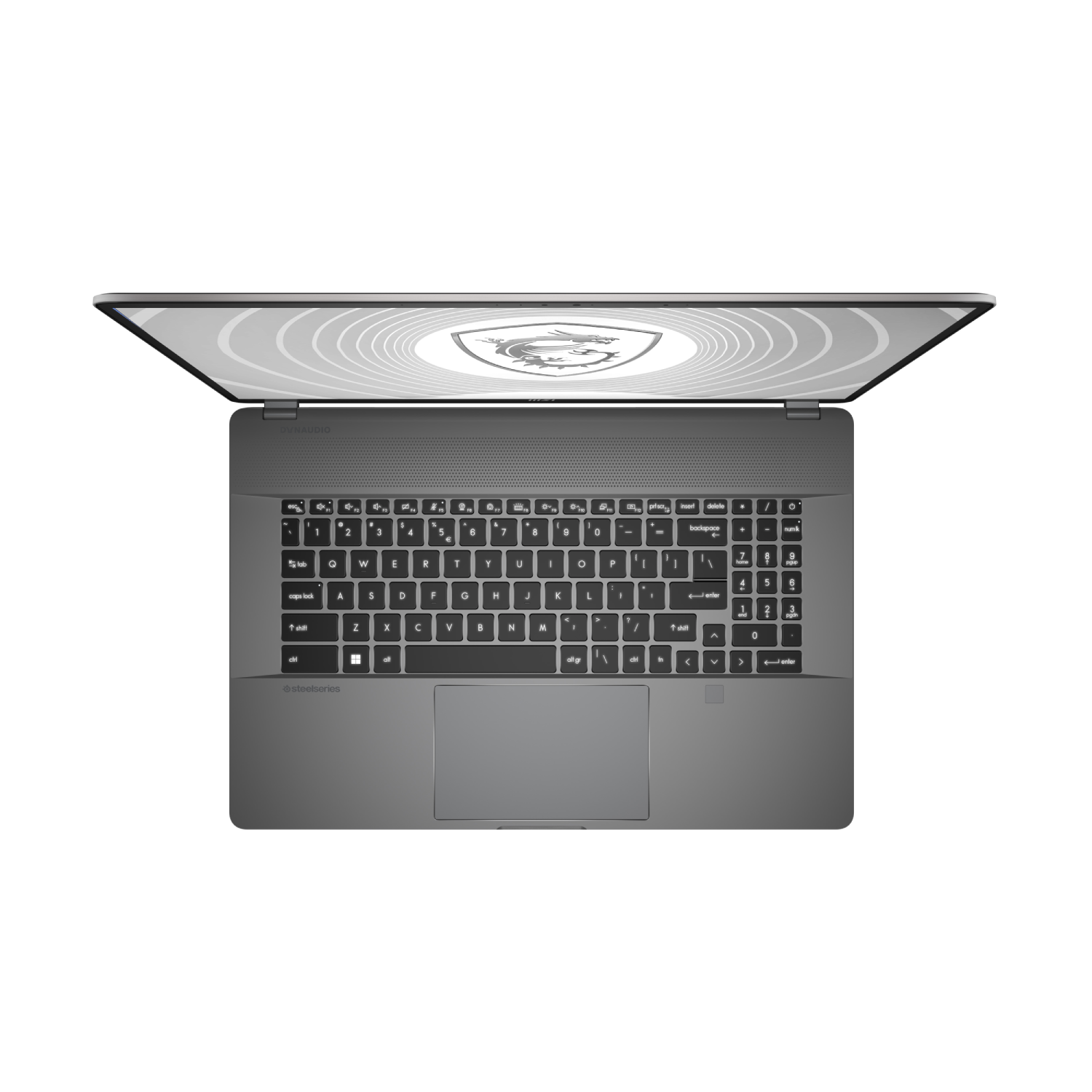Ordenador portátil con pantalla abierta que muestra el teclado. La pantalla está levantada. El panel táctil está debajo del teclado.