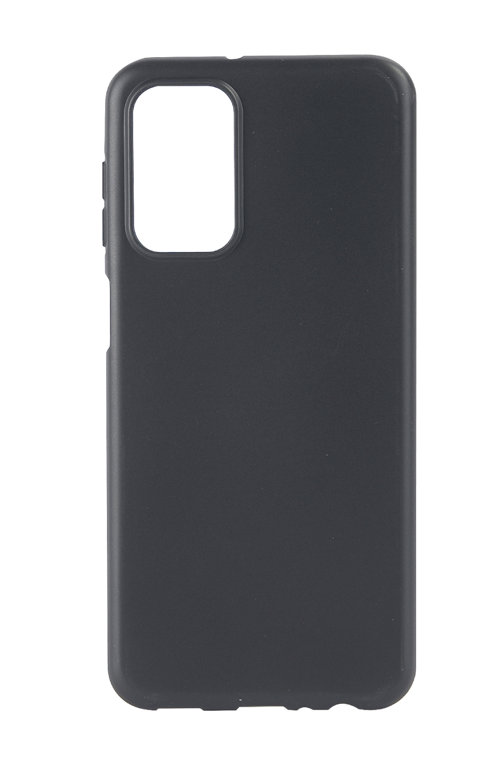 Funda de teléfono negra, recorte de cámara rectangular, sobre fondo negro.