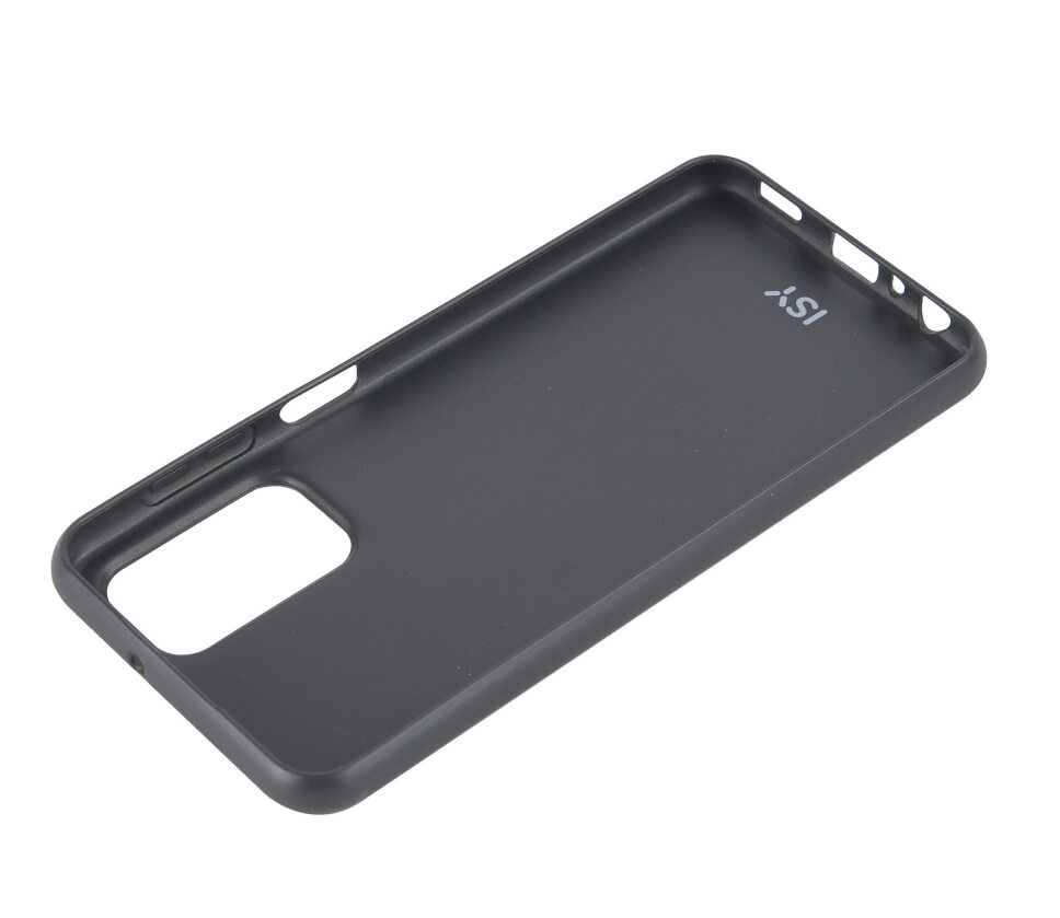 Una funda de teléfono negra vista desde adentro, con un logotipo de ISY, con recortes para la cámara y otras funciones.