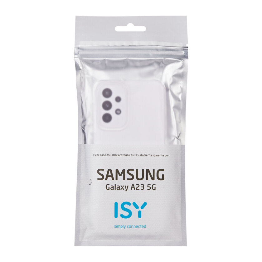 Una funda transparente para teléfono en un paquete plateado con el nombre del modelo Samsung Galaxy A23 5G y el logo ISY.