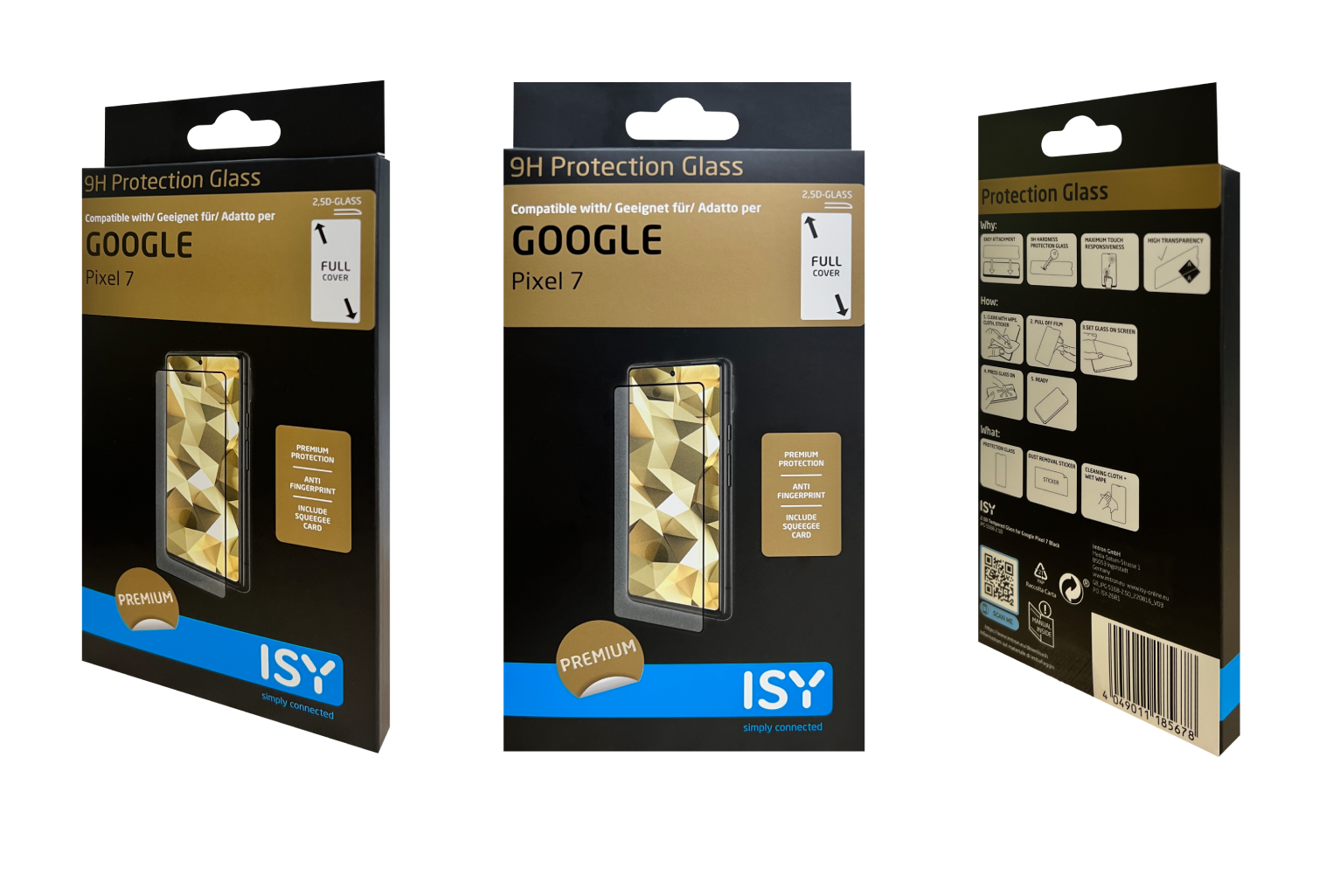 Tres cajas de protectores de pantalla para Google Pixel 7. Diferentes ángulos. Fondo negro.