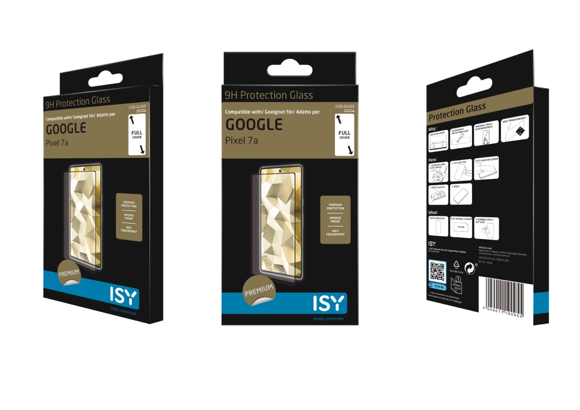 Tres cajas de protectores de pantalla para Google Pixel 7a. Cada caja muestra el teléfono y el nombre de la marca.