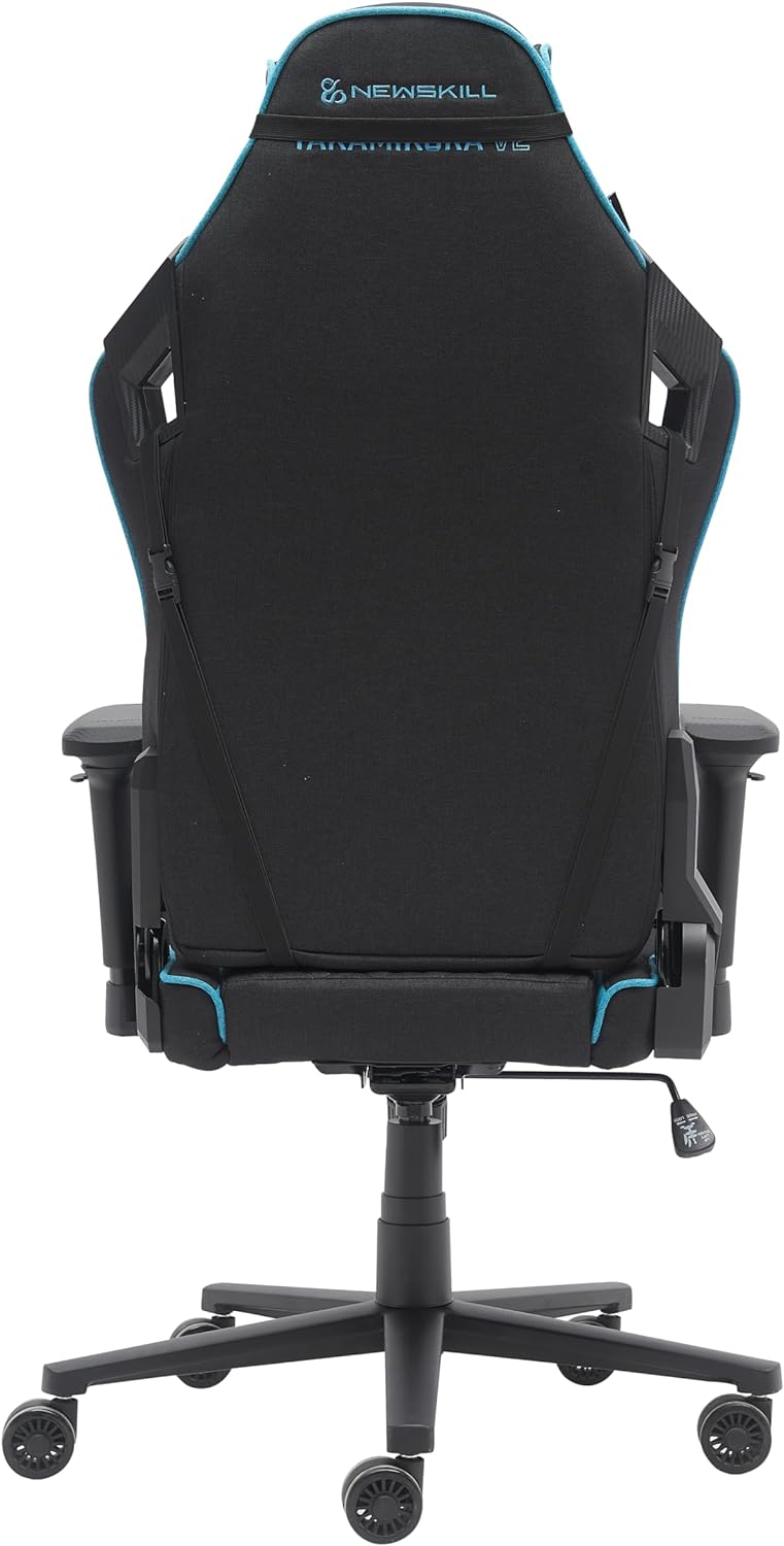 Silla gaming, negra con detalles turquesa. Vista trasera.