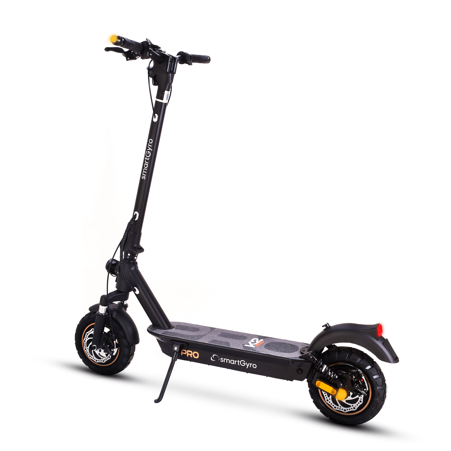 Patinete eléctrico SmartGyro negro y dorado, sobre fondo blanco.