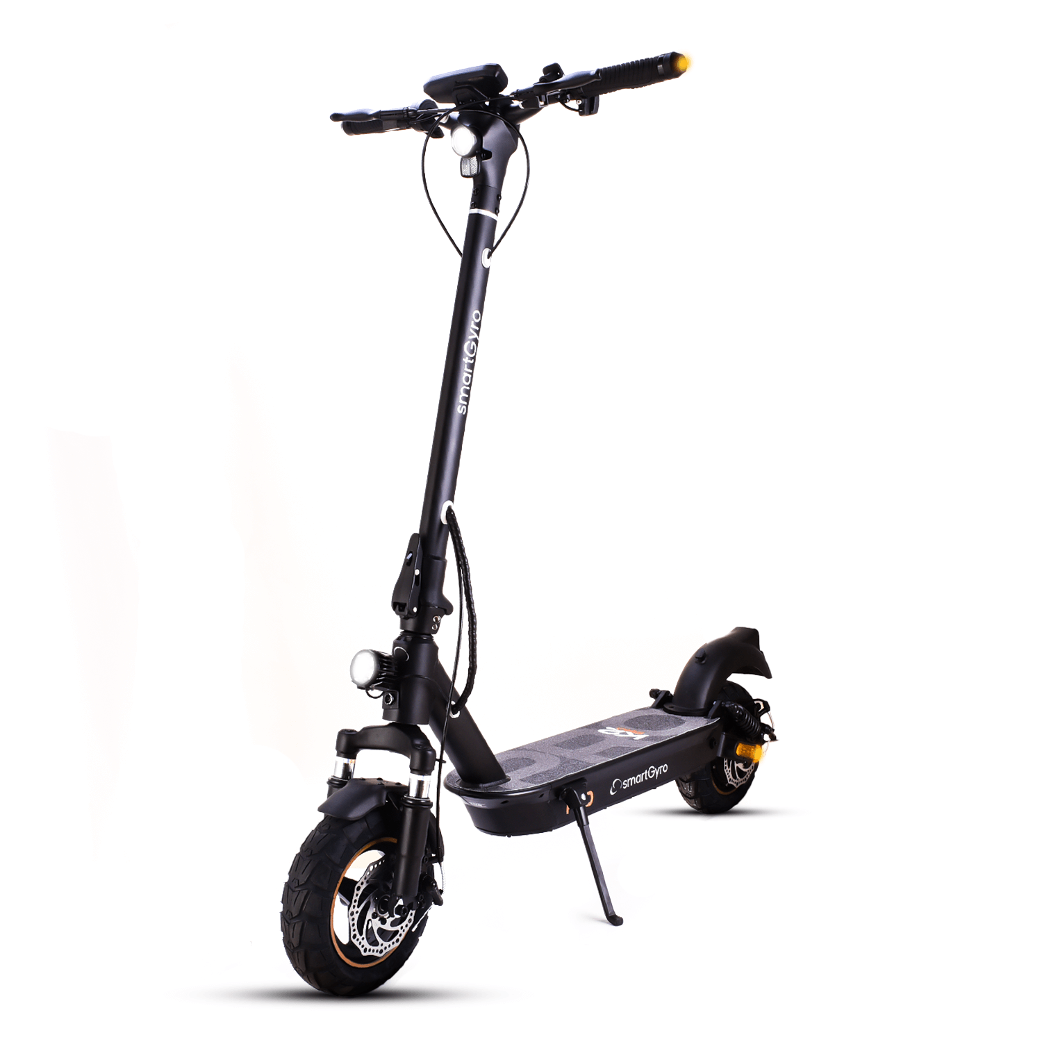 Un patinete eléctrico negro y gris, vista frontal, con fondo blanco.