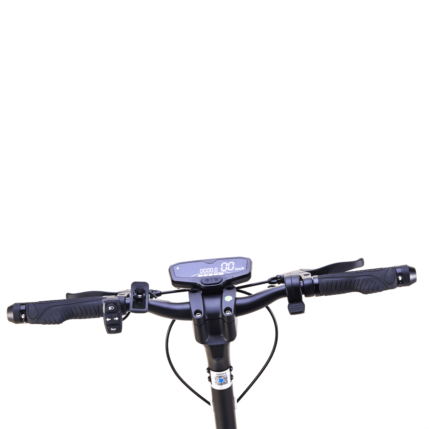 Manillar de scooter con pantalla, botones y puños. Fondo blanco.