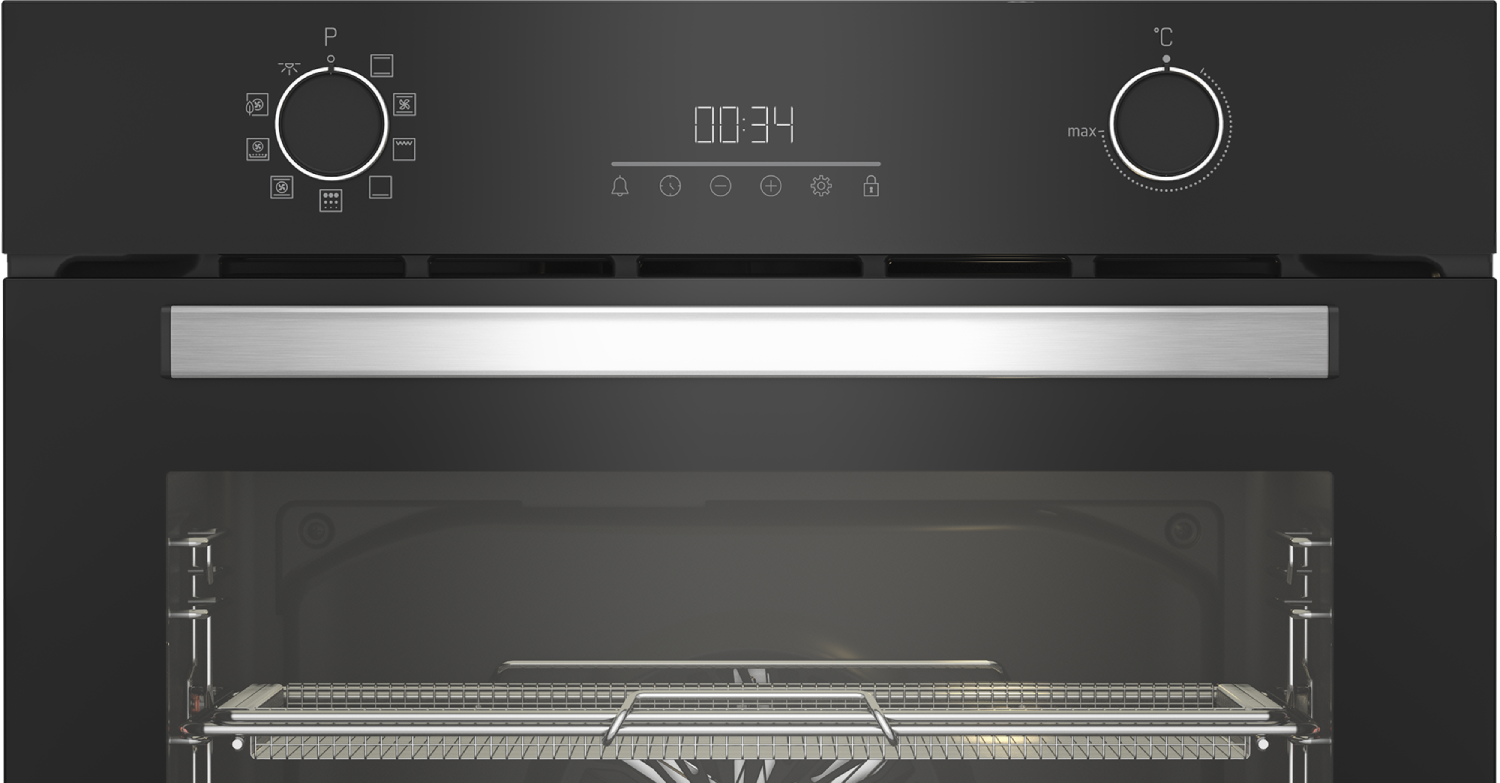 Panel de control del horno con reloj digital. El horno es negro.
