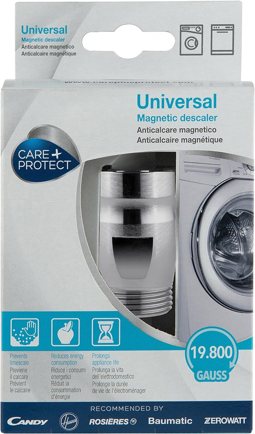 Caja de producto para un descalcificador magnético universal, con cilindro transparente e imagen de lavadora.