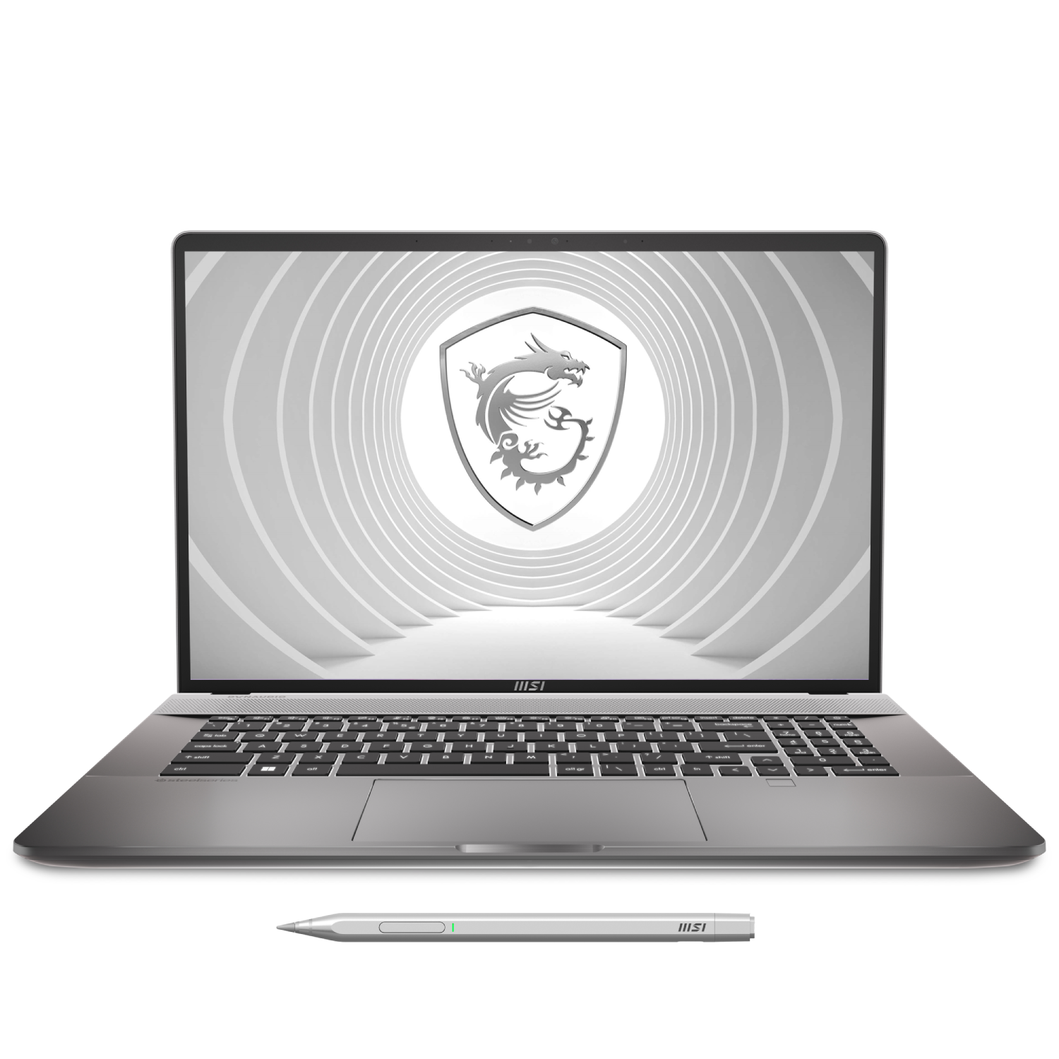 Portátil plateado con lápiz sobre fondo blanco, mostrando un logo de dragón en pantalla.