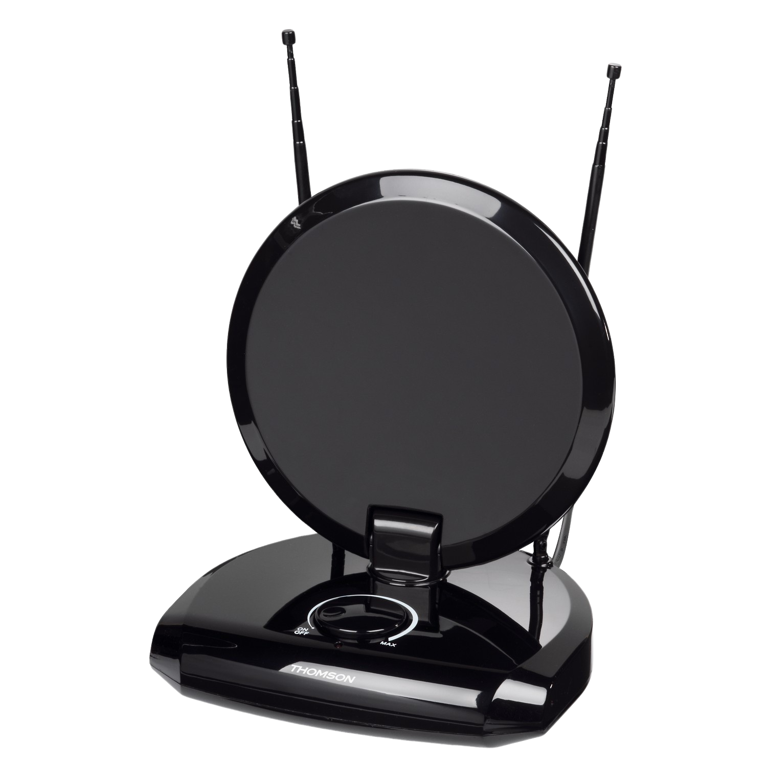 Antenne intérieure noire avec deux antennes, un disque circulaire et un bouton de contrôle.