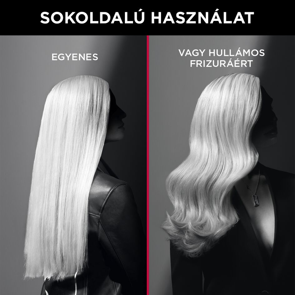 Két kép ugyanazt a nőt mutatja egyenes és hullámos szőke hajjal, hajformázó termékeket hirdetve.