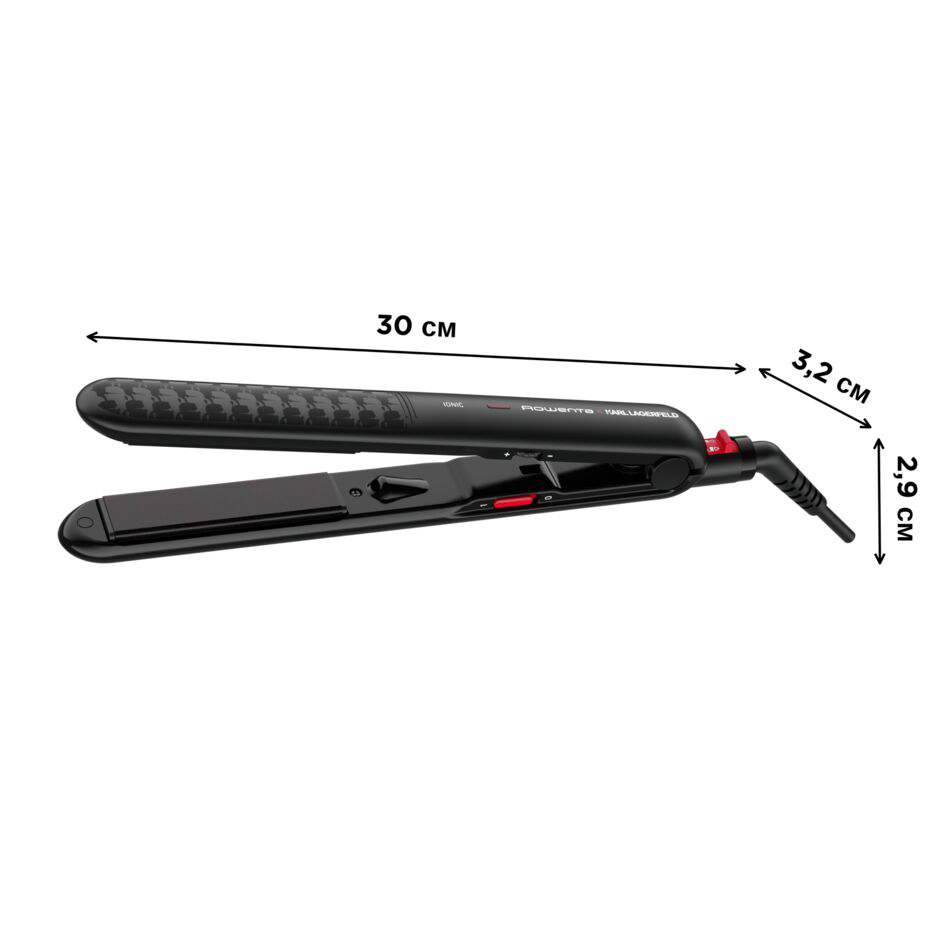 Fekete hajvasaló méretekkel (30cm, 3,2cm, 2,9cm).