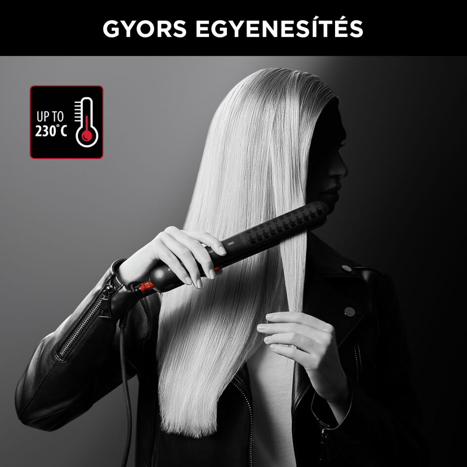 Nő hajvasalót használ szőke haj kiegyenesítésére. Szöveg: Gyors kiegyenesítés. Hőmérséklet 230°C-ig.