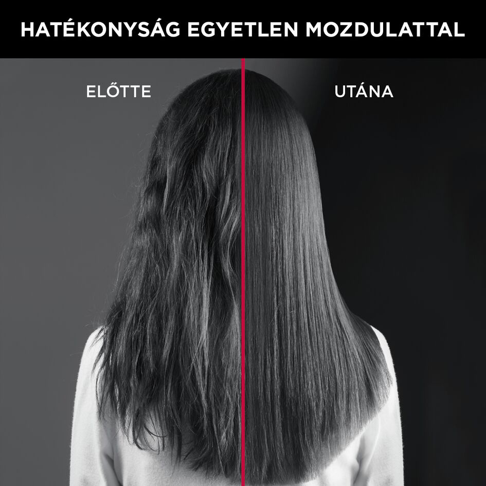 Haj vasalás előtt és után. Előtte: göndör. Utána: egyenes és sima. Fekete háttér.