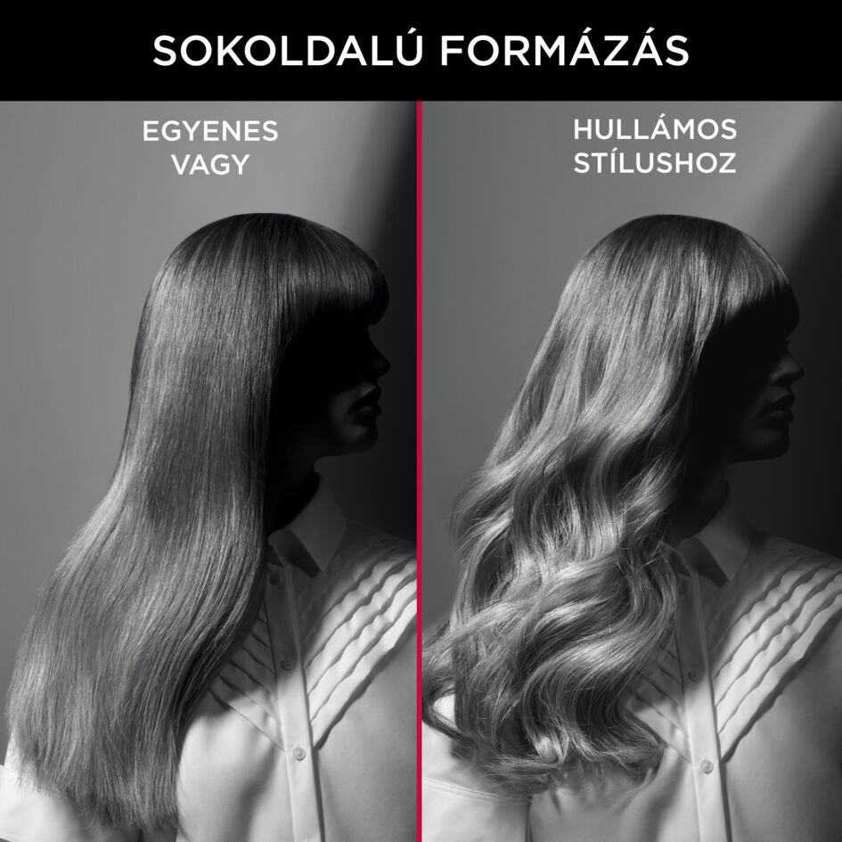 Két nő különböző frizurával, egyenes vs. hullámos, hajformázáshoz.