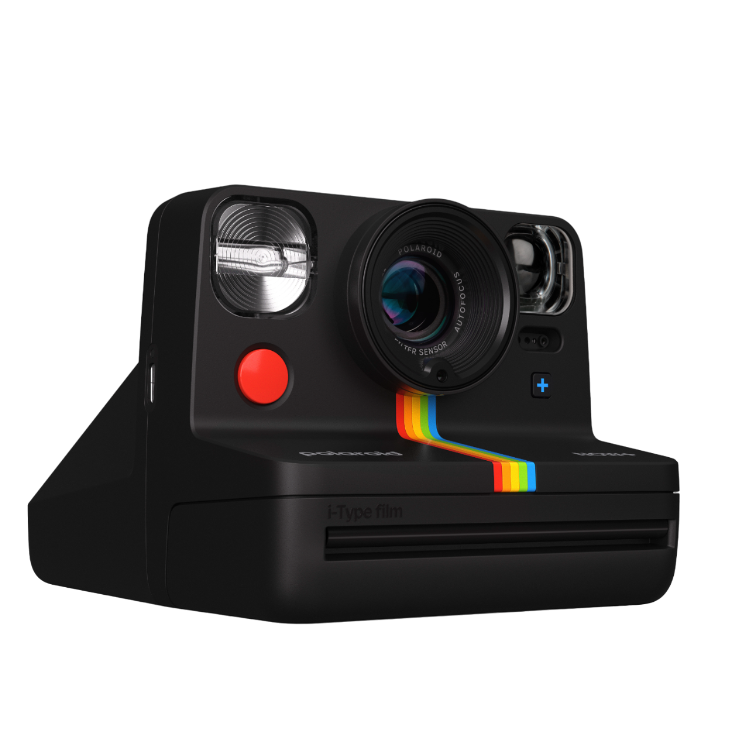 A black Polaroid Now camera with a red button, rainbow stripe, and i-Type film label.