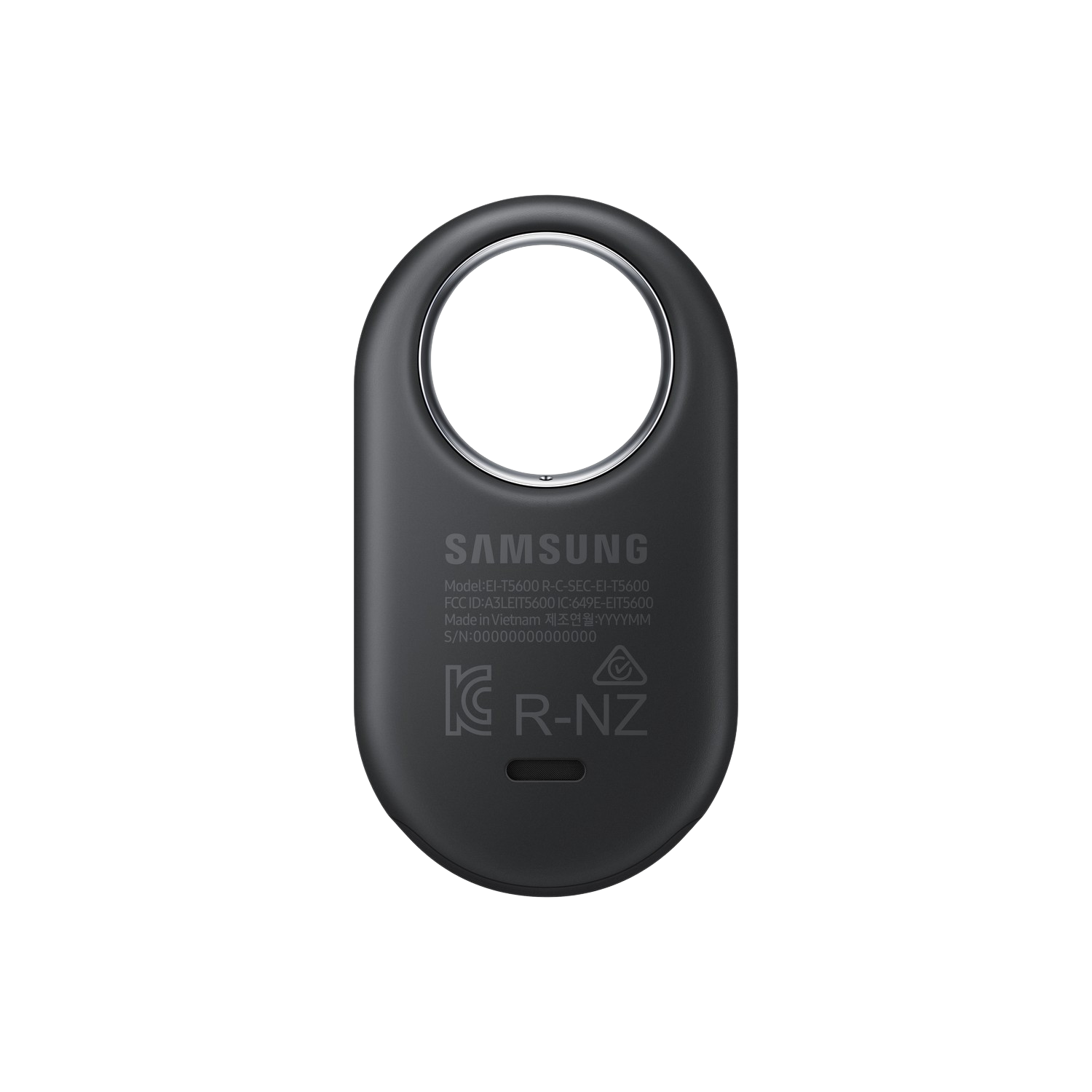 Black Samsung smart tag with a ring for attachment. The Samsung logo and model info are visible.