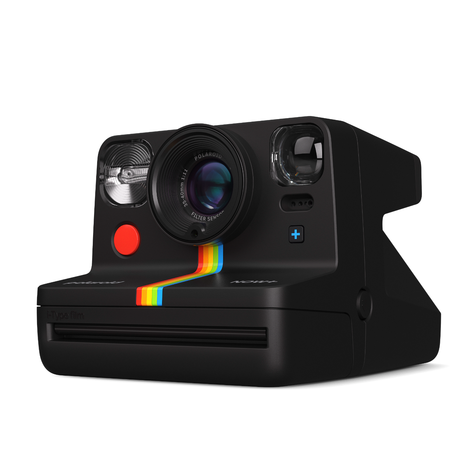 A black Polaroid camera with a rainbow stripe.