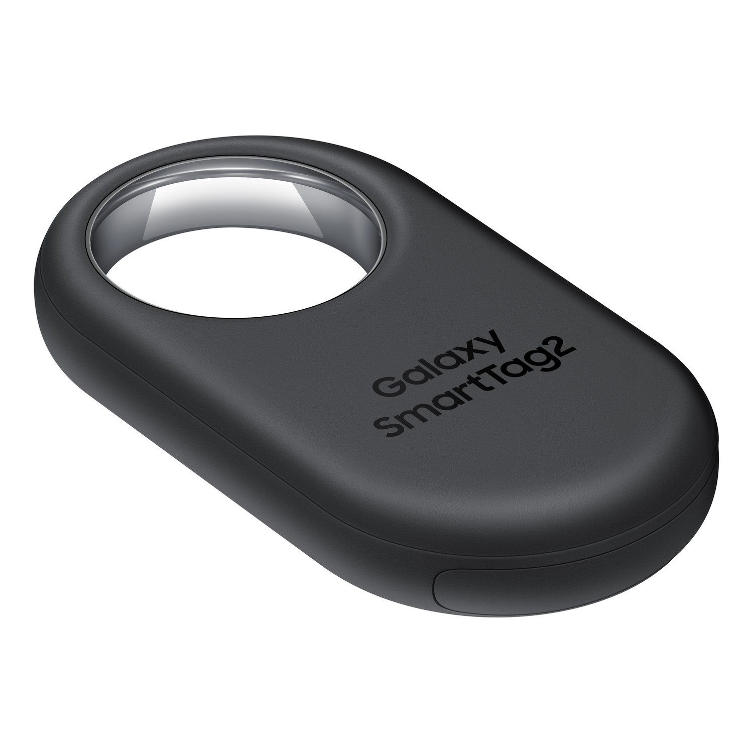 Black Galaxy SmartTag2. Oval shape with hole. White background.