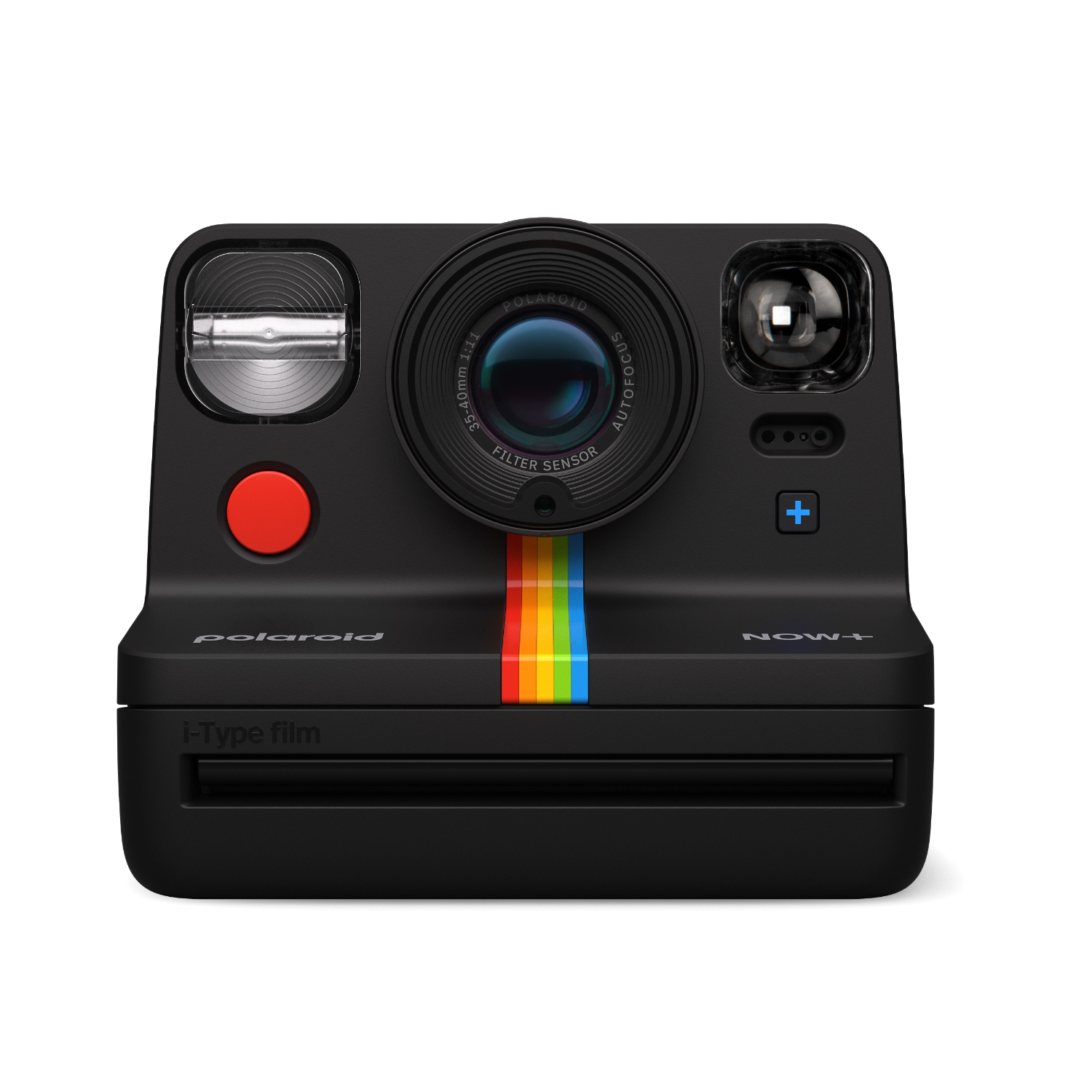 Polaroid camera, black, with rainbow stripe, red button, and Polaroid Now+ label.