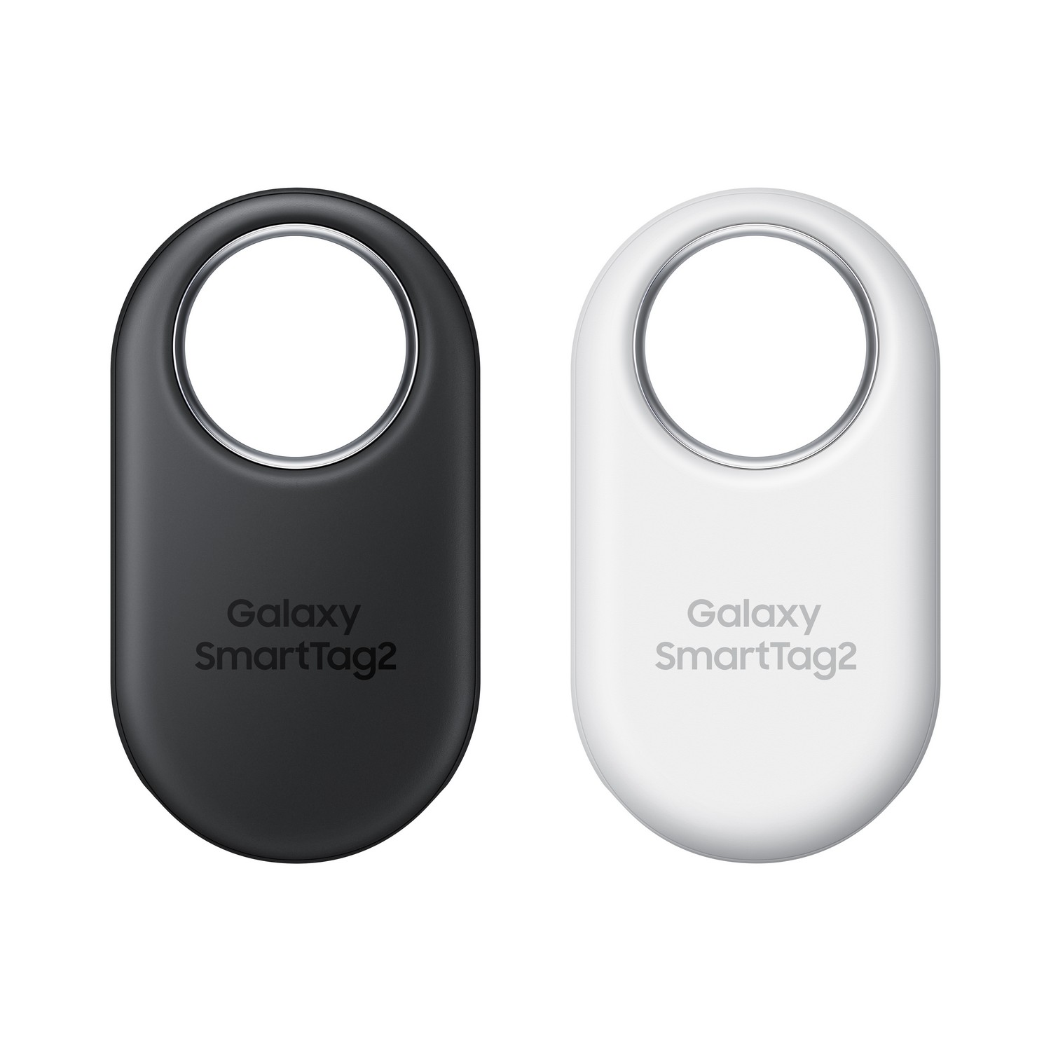 Black and white Galaxy SmartTag2, oval design, isolated on white background.