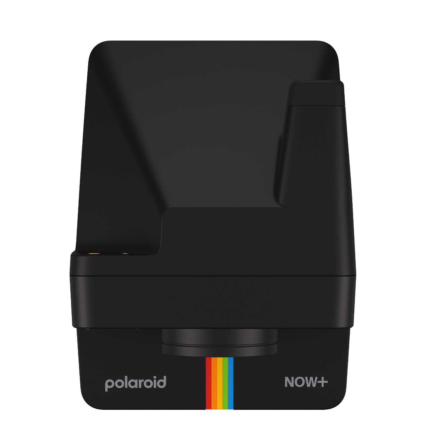 A black Polaroid camera. The brand name and a rainbow stripe are visible on the front.