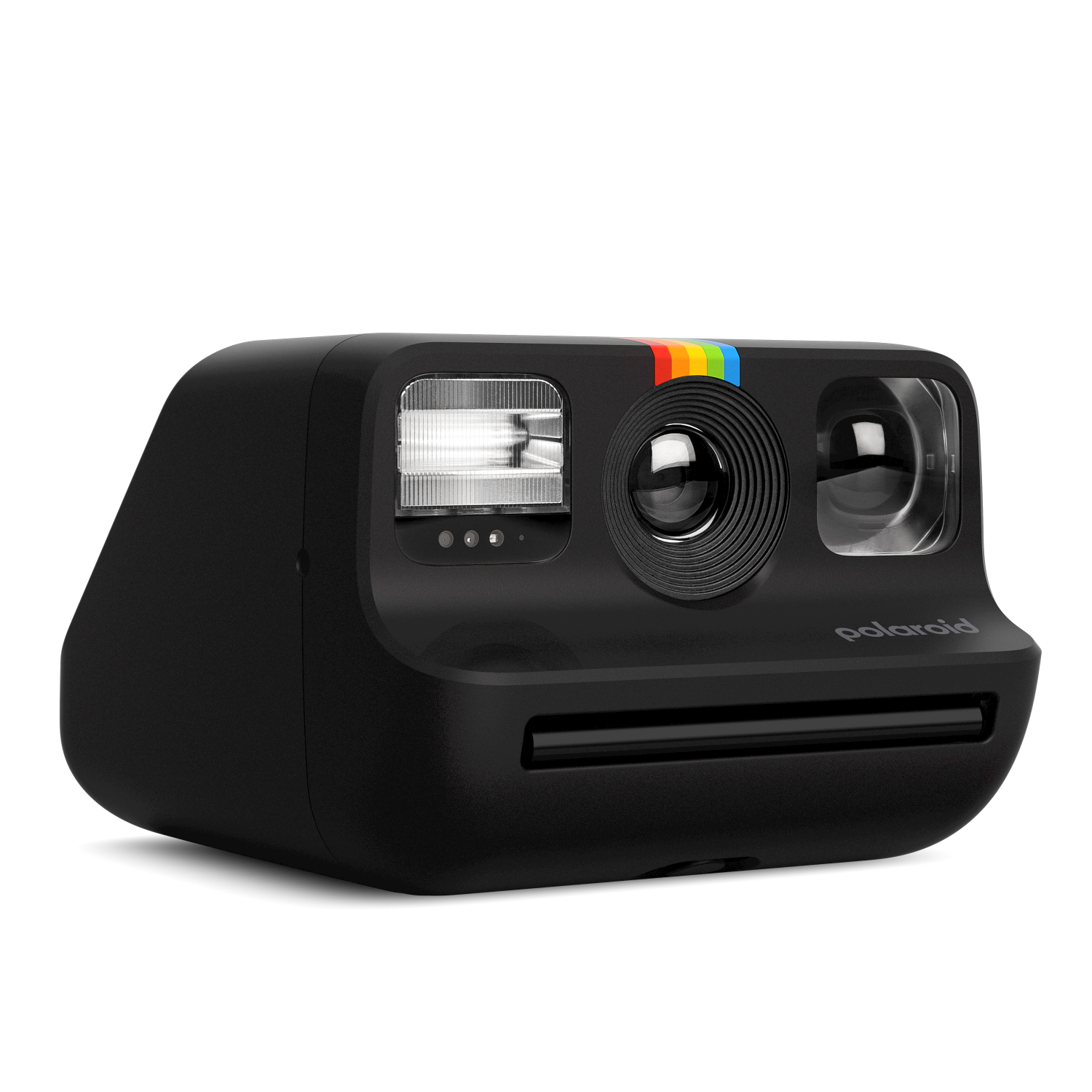 Polaroidcamera, zwart, met regenboogstreep aan de bovenkant. Heeft een flitser en lens.