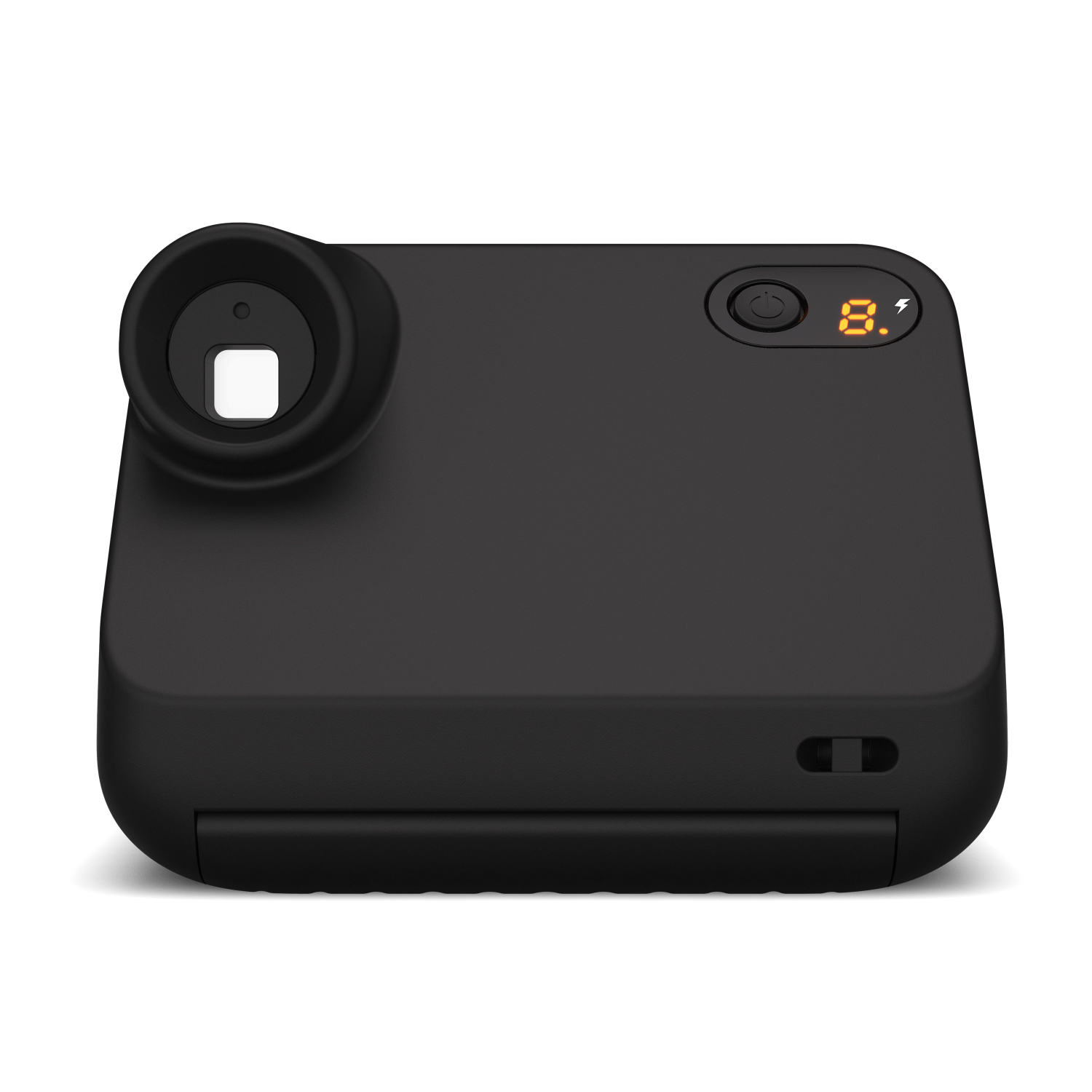 Zwarte instant camera met een scherm en een knop aan de bovenkant.
