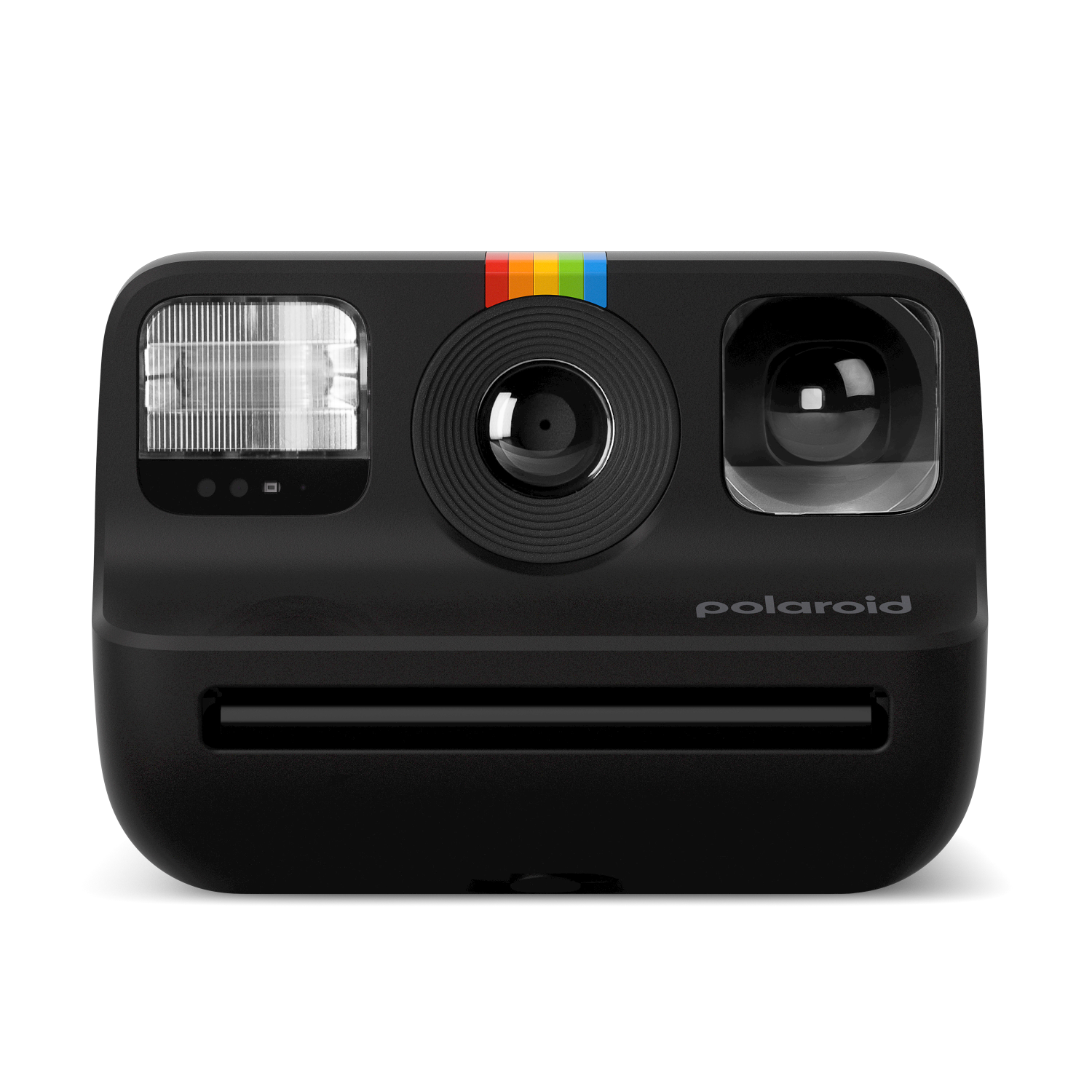 Zwarte Polaroid camera met een flitser, lens en branding. De voorkant van de camera is zichtbaar.