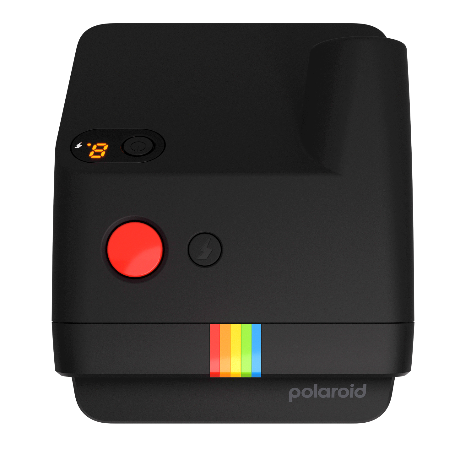 Een zwarte Polaroid-camera met een rode knop, flitssymbool en een regenboogstreep.